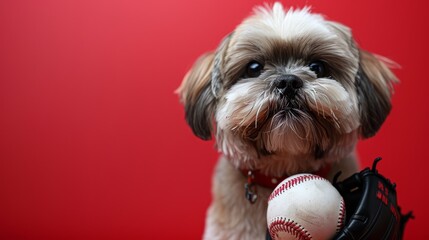 A cute dog wearing a baseball glove and holding a baseball in its mouth. It is standing on a red background and looking at the camera.