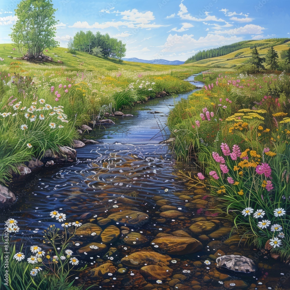 Canvas Prints A painting of a river with a field of flowers on either side