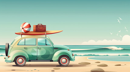 copy space, vector illustration, cartoon style, old car with surfboard beachball and suitcases on the roof. Vacations concept, roadtrip to the beach.