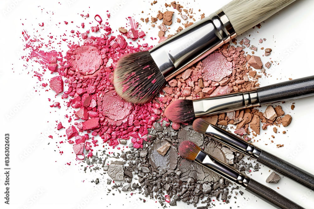 Poster makeup brushes with colorful eyeshadow and blush scattered on a white background. generative ai