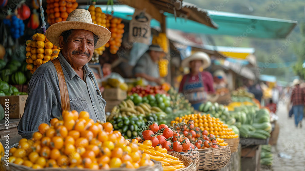 Wall mural A man stands in front of a fruit and vegetable stand