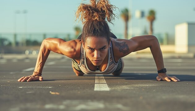 Athletic woman doing push-ups on road