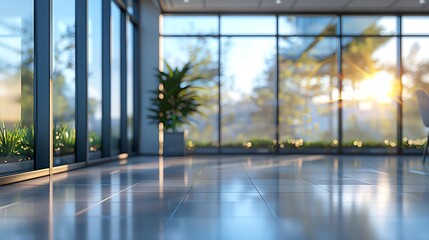 Fototapeta premium Blurred background of a sleek modern office, expansive windows, beautiful natural light, wideangle shot, serene and bright interior