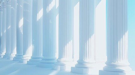 Airy white and light blue architectural background, widescreen banner with elegantly tilted columns