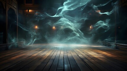 Background of empty dark scene with wooden old floor. Neon light smoke. Dark abstract background. Night wooden table. 