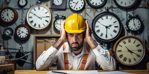 Portrait of a man in a helmet and uniform sitting at a table with many clocks on the wall. A stressed architect holds his head.