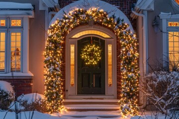 Suburban Home with Festive Doorway Arch

