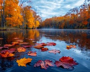 Fototapeta premium Vibrant autumn leaves floating on serene lake surrounded by colorful trees under a cloudy sky, reflecting the beauty of fall season.