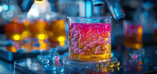Vibrant laboratory scene featuring a bubbling liquid in a beaker with colorful lighting, representing scientific research and experimentation.
