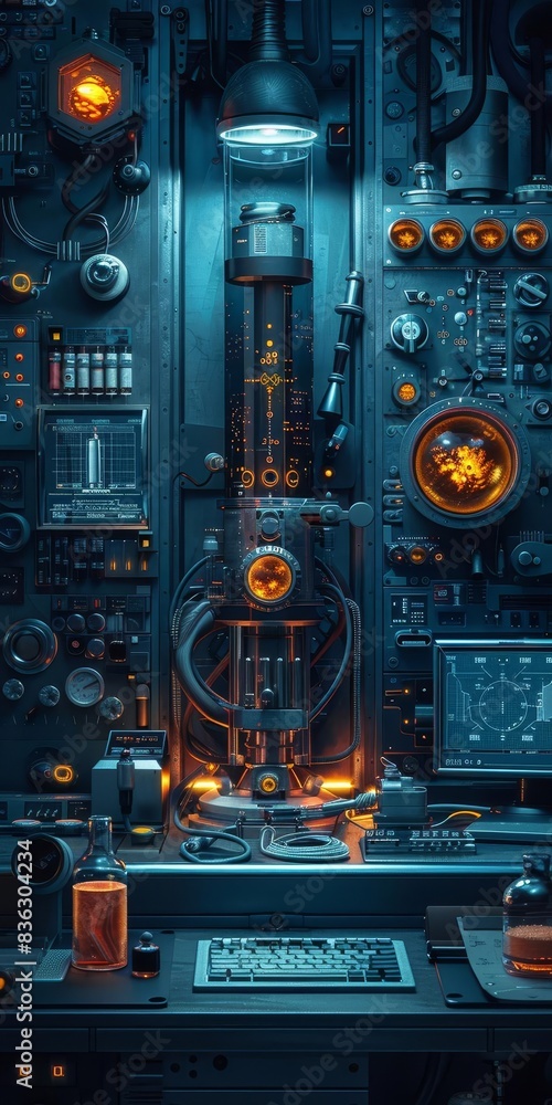Poster futuristic high-tech control panel with intricate circuits, glowing screens, gauges, and buttons in 