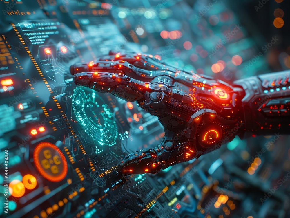 Poster futuristic robotic hand interacts with holographic interface, showcasing advanced technology and art