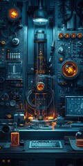 Fototapeta premium Futuristic high-tech control panel with intricate circuits, glowing screens, gauges, and buttons in a dimly lit atmosphere.