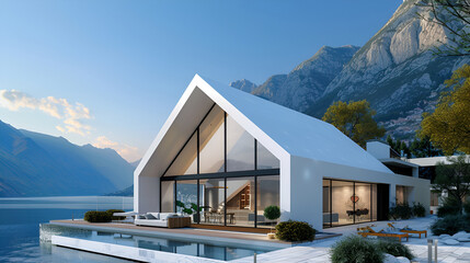 Modern concrete house and glass house design on a mountain lake ,3d rendering of modern cozy house with pool and parking for sale or rent in luxurious style