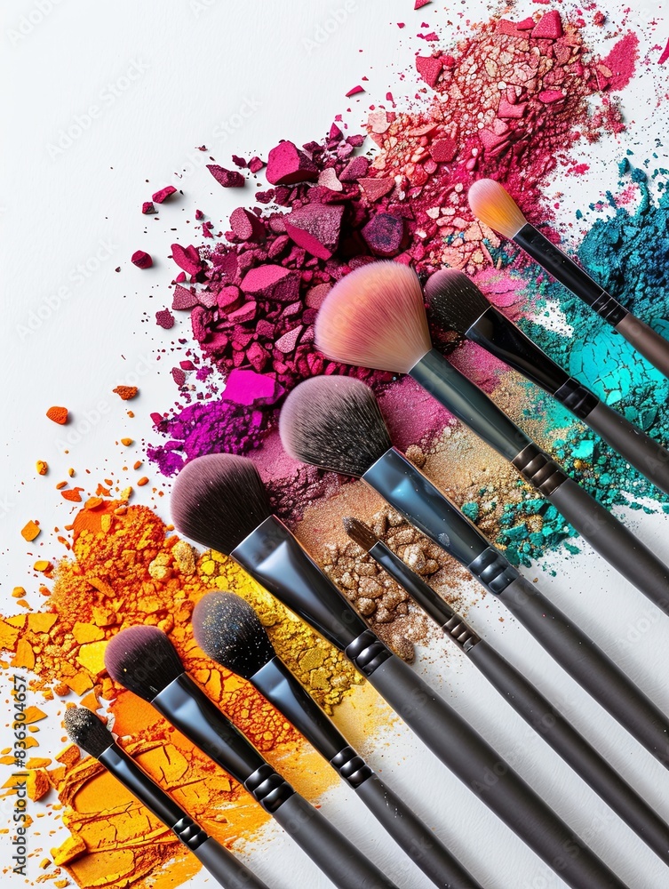 Poster closeup of makeup brushes covered in various colors of eyeshadow and blush, arranged artfully on a w