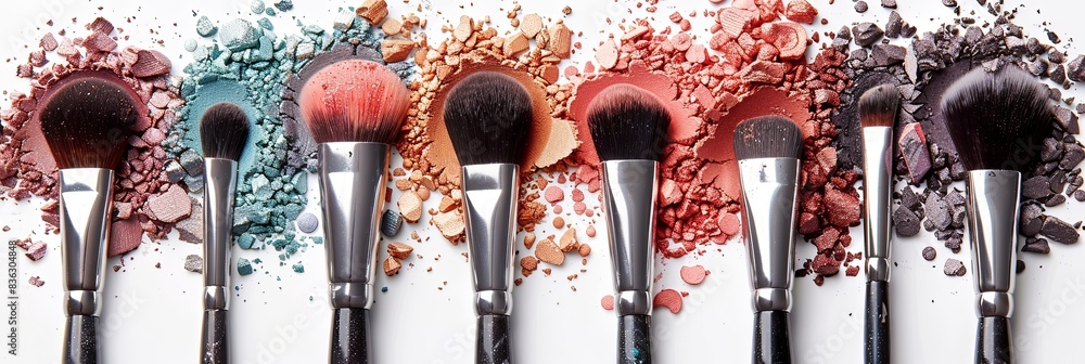 Aufkleber various makeup brushes covered in colorful eyeshadow and blush on a white background. generative ai