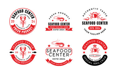 Vintage seafood logos design vector templates. Seafood ornament logo vector design elements collection. Seafood logos ornament with red color bundle