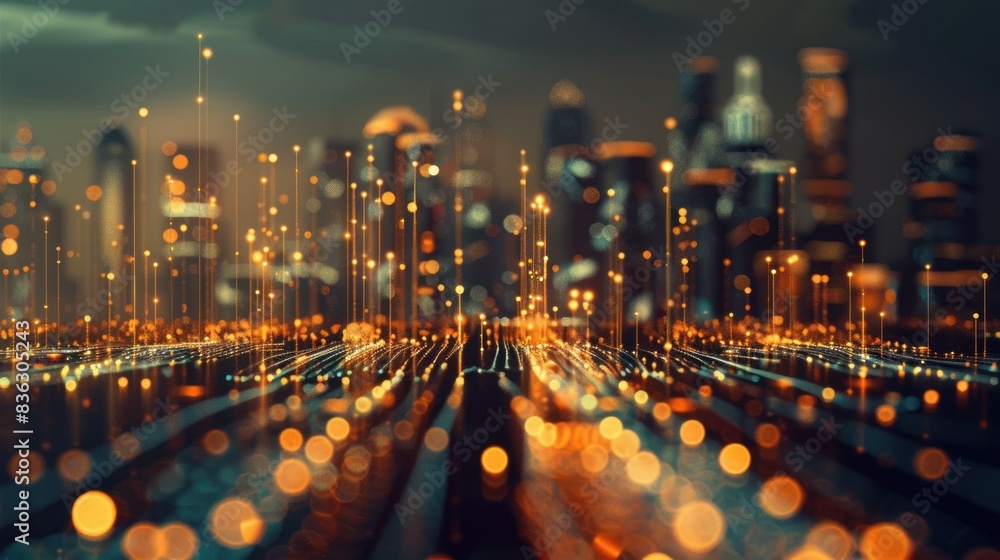 Poster 3d rendering of warp speed in hyper loop with blur light from buildings' lights in mega city at nigh