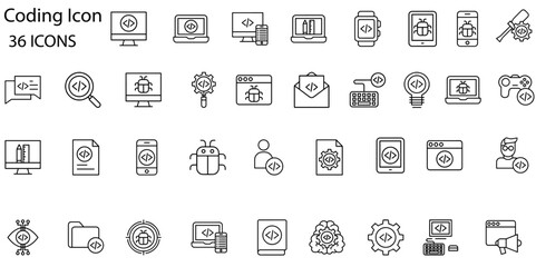 Coding icon set. Software development icon collection. Programmer and developer symbol vector illustration.
