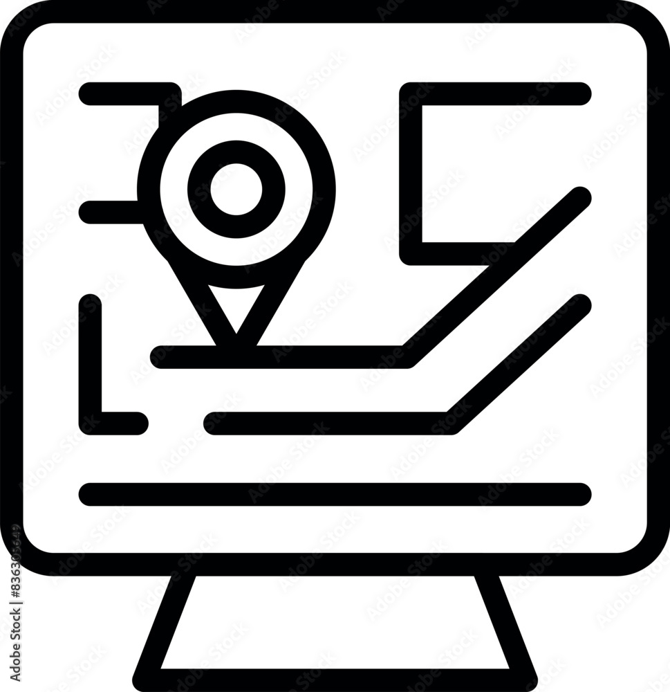 Poster black and white line art of a gps map marker on a computer monitor, symbolizing digital navigation