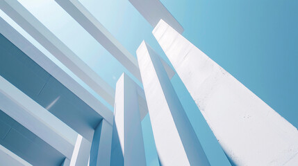 Widescreen minimalistic architecture, white and light blue, featuring unique angled columns for banner