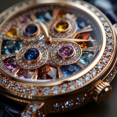 A watch with a colorful face and a gold band