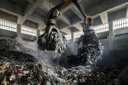 Indoor waste management facility with large mixed waste pile and mechanical grabbers