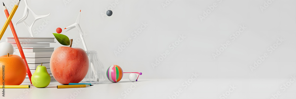 Poster colored pencil set on a plain white background with space for text