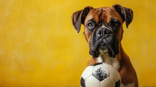 A boxer dog sits in front of a yellow background holding a soccer ball in its mouth.
