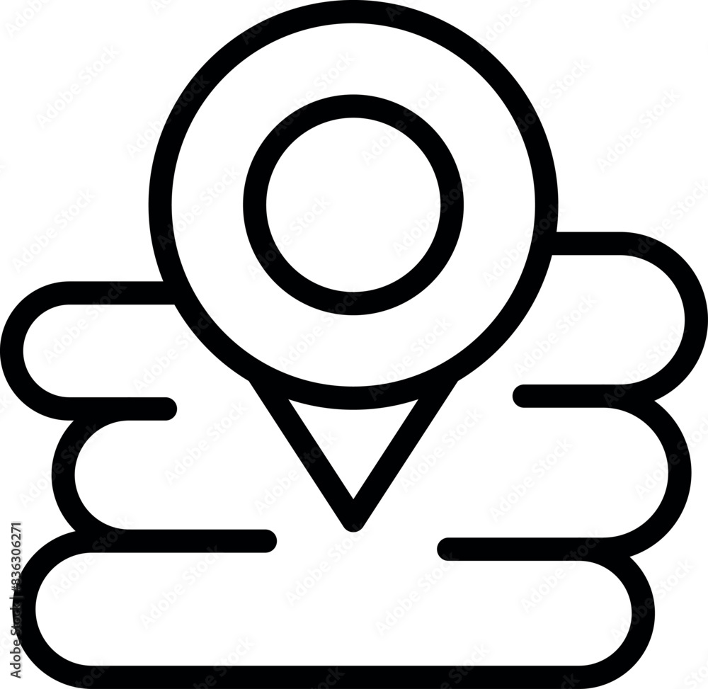 Poster simple black and white line icon of a location pin superimposed on folded map layers