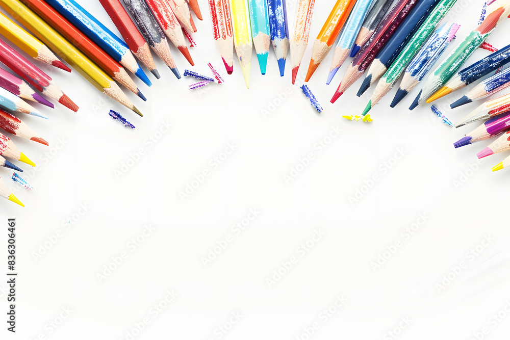 Poster colored pencils set on a plain white background with space for text