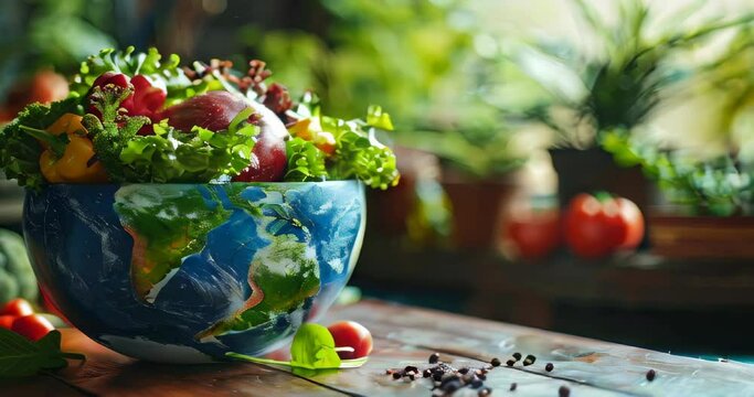 Sustainable eating promoted by an earth-shaped salad bowl, focusing on locally sourced ingredients Carbon footprint reduction