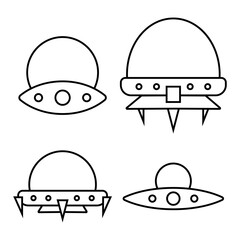 Spaceship line icons set. Cute cartoon spaceships. Funny UFO. Vector isolated on white background.