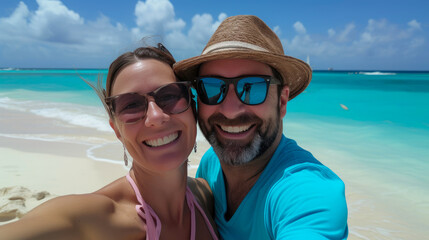 Obraz premium Vacation Bliss: Couple on Caribbean Sands