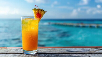 Obraz premium Exotic Tropical Cocktail with Pineapple and Cherry by the Beach, Vibrant Drink on Ocean Background with Copy Space
