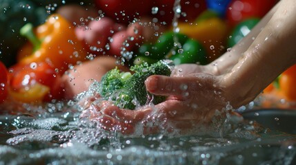 Person washing vegetables in sink with splashing water and hands, kitchen preparation and healthy cooking concept