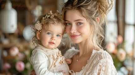 Obraz premium In a tender portrait, a mother's loving embrace encapsulates the joy of motherhood.