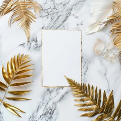 Creative layout made of golden tropical leaves and palms on white marble texture background. Minimal summer exotic concept with white blank paper for copy space.