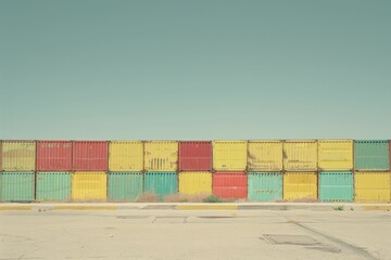 Fototapeta premium Colorful shipping containers in the middle of an empty parking lot with a blue sky in the background