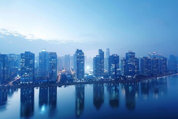 Fototapeta premium Serene Evening Blues: Minimalistic City Skyline in Light Blue, Clean Background Aesthetic