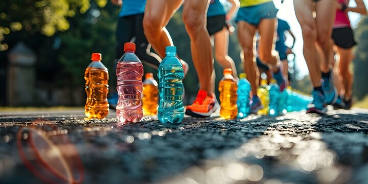 Tranquil image of runners with water bottles and energy gels. Concept Fitness Lifestyle, Running Accessories, Hydration Essentials, Active Lifestyle, Sporty Outfits