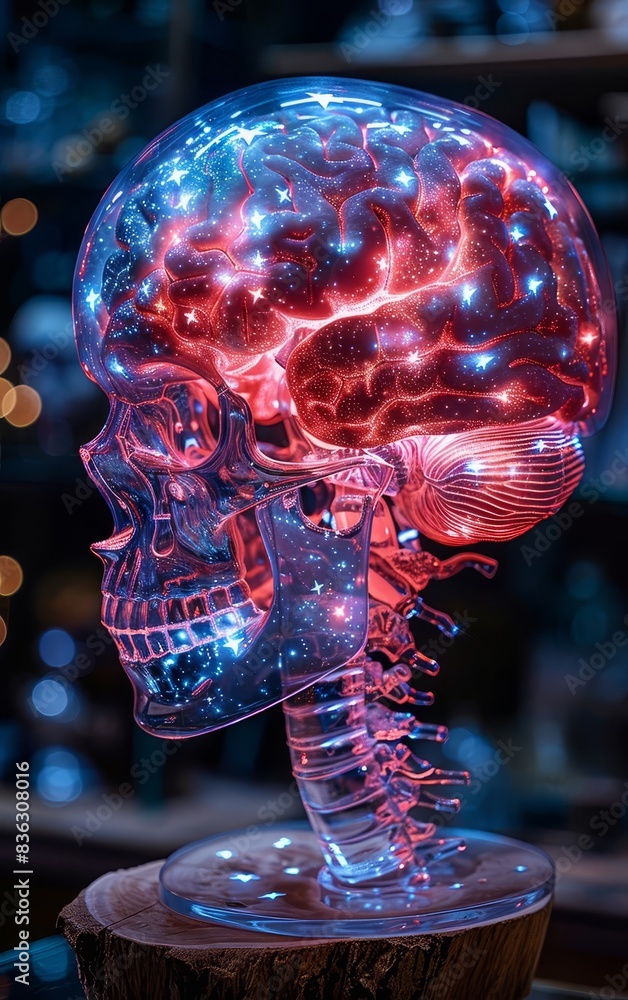 Poster futuristic neon-lit transparent skull model showcasing brain activity and neuron pathways against a 