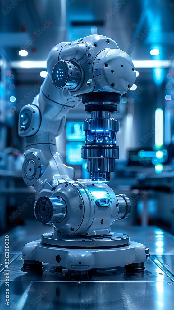 Poster futuristic robotic arm in a high-tech manufacturing environment, showcasing precision engineering an