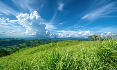 Obraz premium Serene Landscape of Green Grass Slope under Blue Sky with Fluffy Clouds