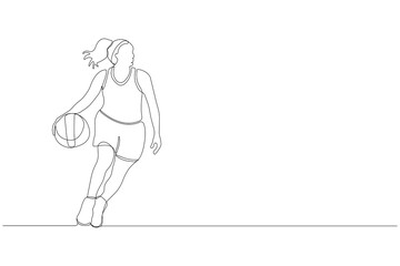 Professional basketball player continuous line drawing. Girl playing basketball outline vector isolated on white background.