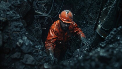 A miner wearing a hard hat and headlamp is working in a dark mine. wear orange.