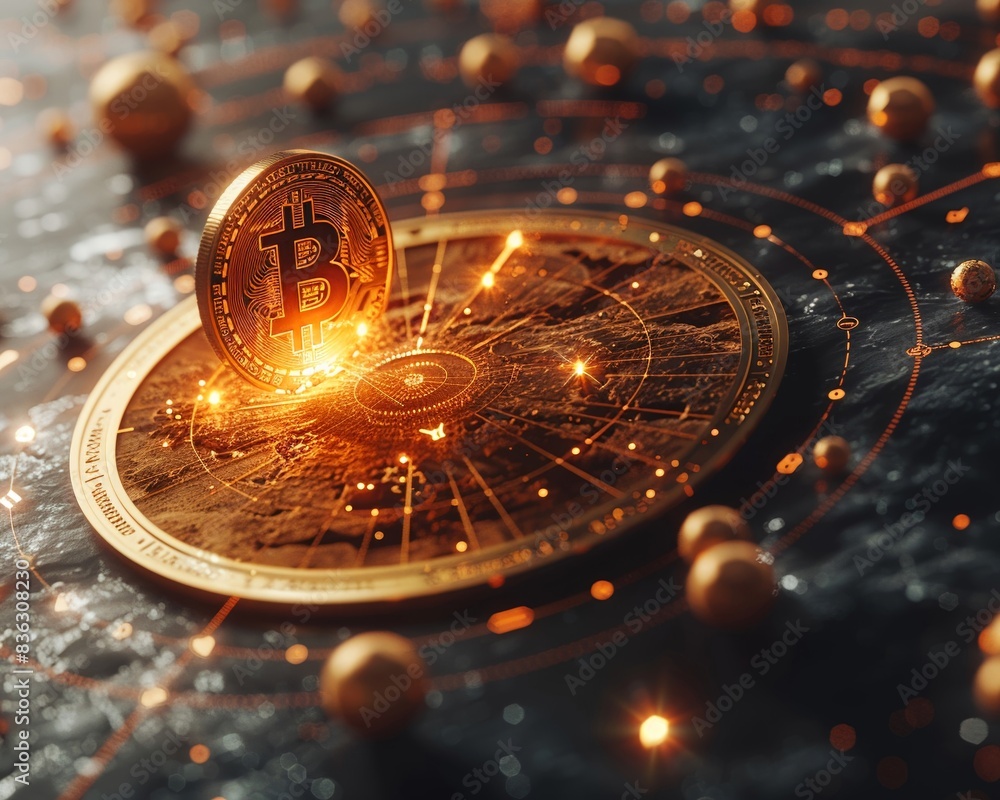 Aufkleber golden bitcoin on a futuristic digital background representing cryptocurrency and blockchain technol