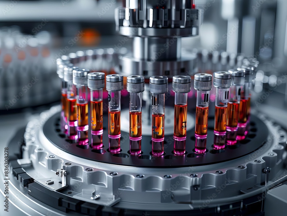 Poster advanced laboratory machine with glass vials filled with red liquid in a precise automation process.