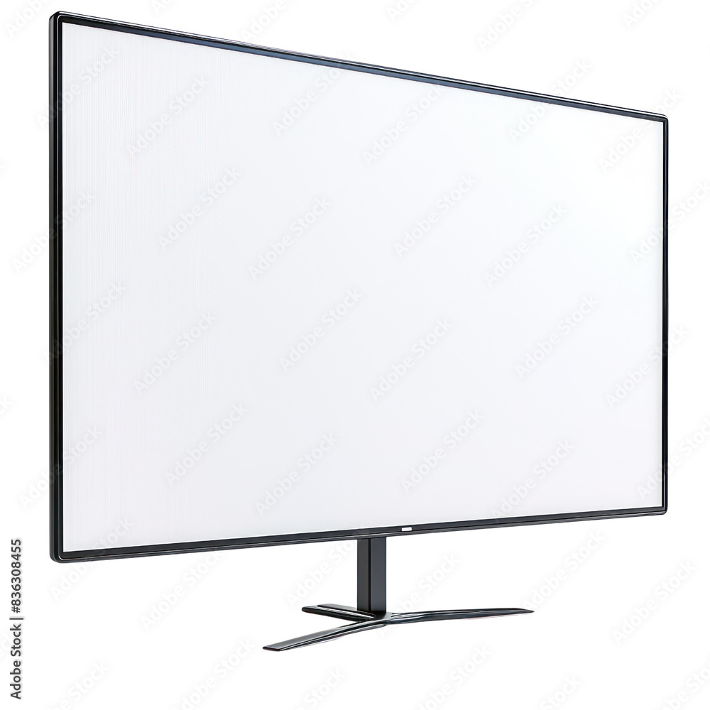 Poster modern widescreen computer monitor with a sleek black frame and stand on a white background. perfect