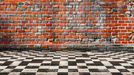 A long brick wall with a checkered pattern