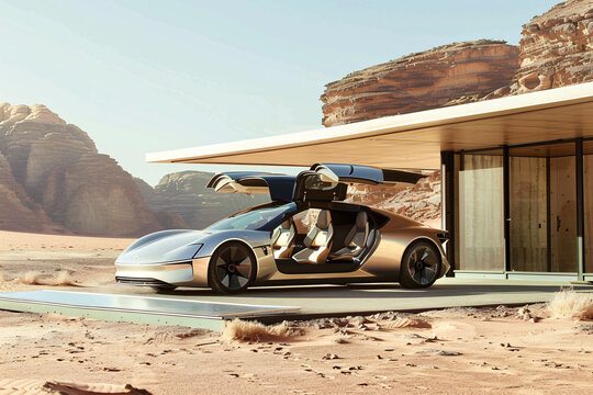 Futuristic hybrid sports car with gull-wing doors open, charging at solar-powered station in desert landscape